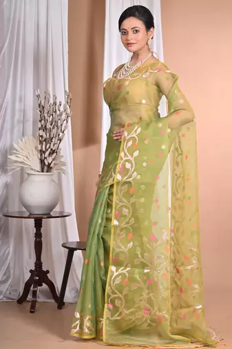 green Jamdani silk blend Organza Saree With Blouse Piece
