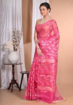 rani pink Jamdani silk blend Organza Saree With Blouse Piece 4
