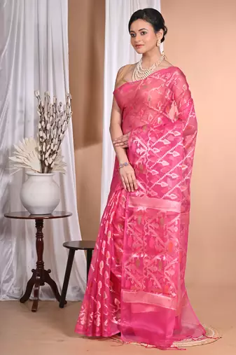 rani pink Jamdani silk blend Organza Saree With Blouse Piece