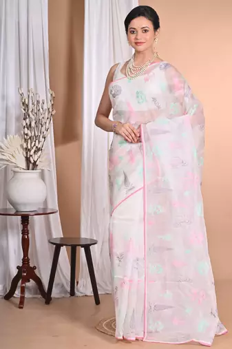 off white Pure Organza Tread Work Saree With Blouse Piece