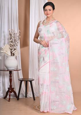 off white Pure Organza Tread Work Saree With Blouse Piece 7