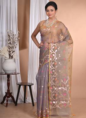 mehendi Jamdani silk blend Organza Saree With Blouse Piece 4