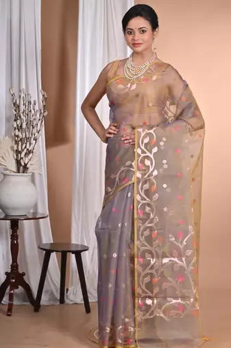 mehendi Jamdani silk blend Organza Saree With Blouse Piece