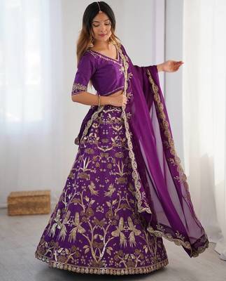 Purple Silk Zari And Dori Sequins Work Lehenga Choli 1