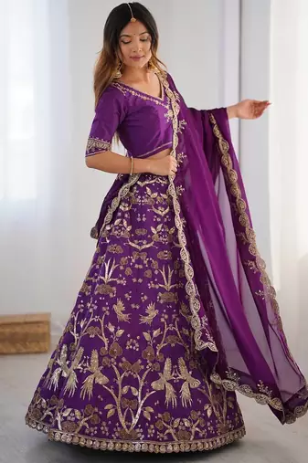 Purple Silk Zari And Dori Sequins Work Lehenga Choli
