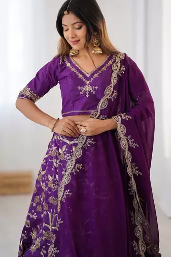 Purple Silk Zari And Dori Sequins Work Lehenga Choli