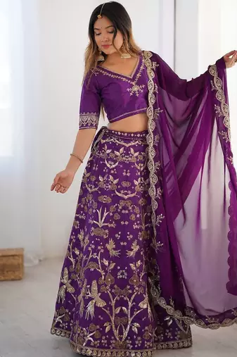 Purple Silk Zari And Dori Sequins Work Lehenga Choli