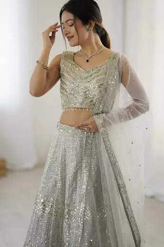 Grey Georgette Sequins Dori Work Lehenga Choli