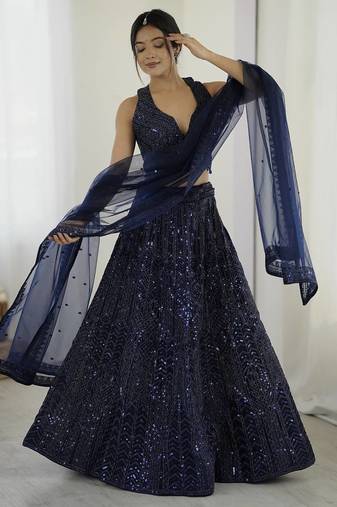 Blue Net Sequins And Dori Work semi stitch Lehenga Choli