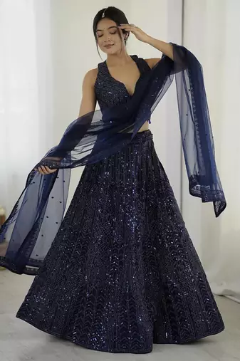 Blue Net Sequins And Dori Work semi stitch Lehenga Choli
