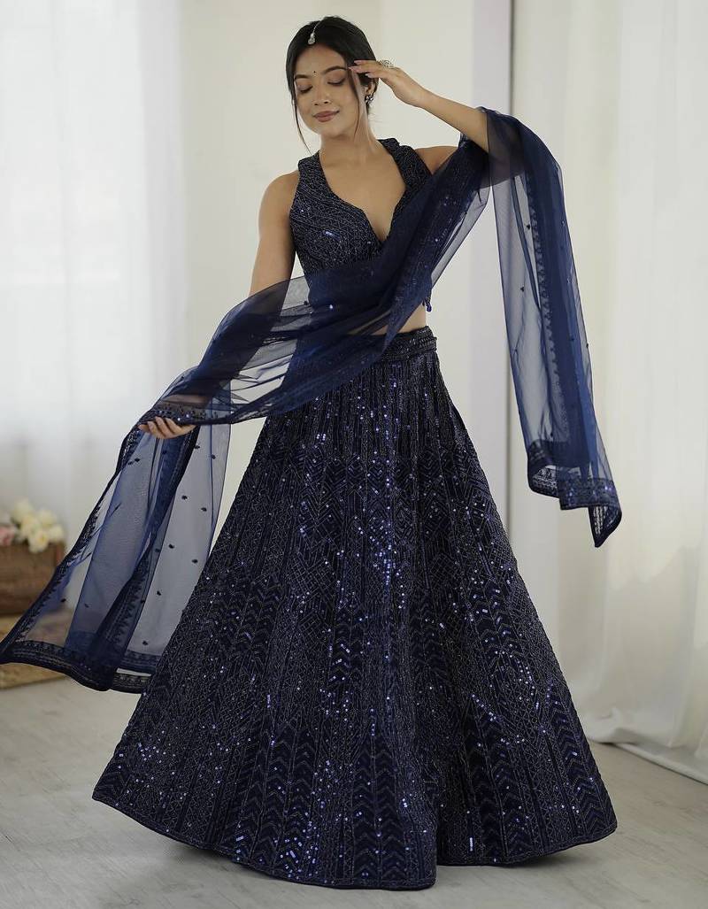 Blue Net Sequins And Dori Work semi stitch Lehenga Choli