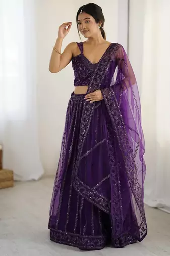 Purple Net Sequins Dori Work Lehenga Choli