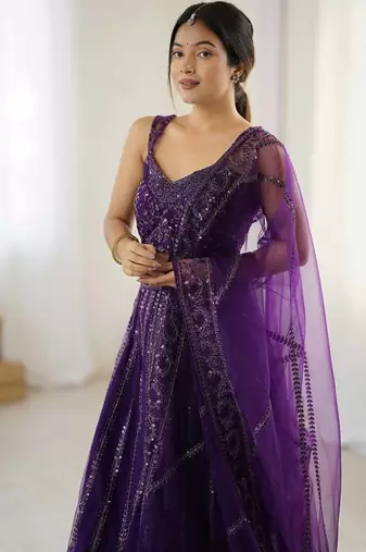 Purple Net Sequins Dori Work Lehenga Choli