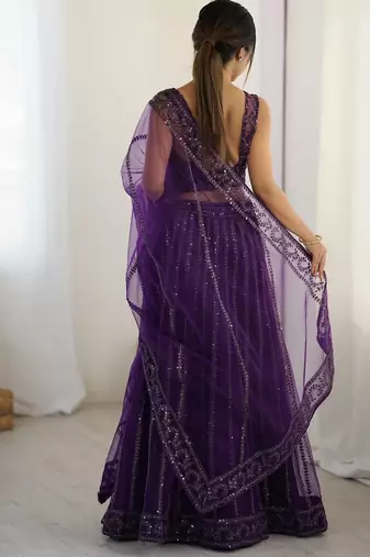 Purple Net Sequins Dori Work Lehenga Choli
