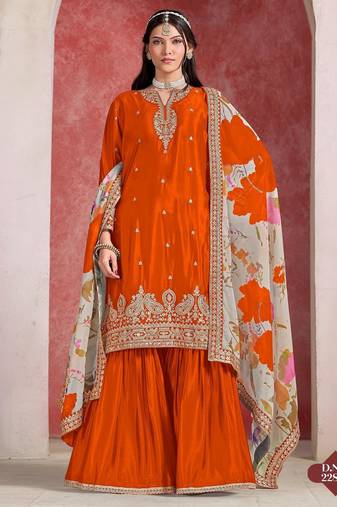 Orange embroidered chinon silk free size stitched sharara suit
