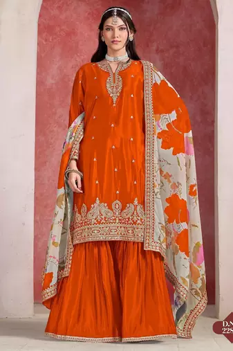 Orange embroidered chinon silk free size stitched sharara suit