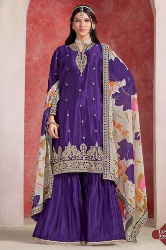 Purple embroidered chinon silk free size stitched sharara suit