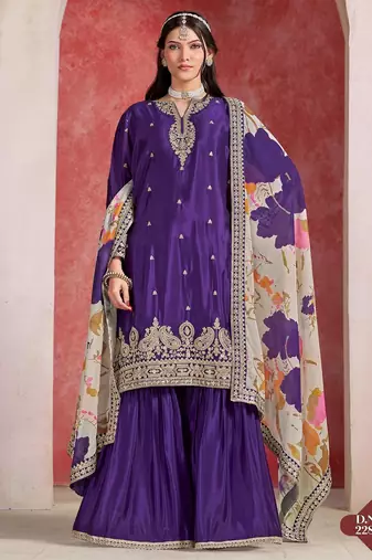 Purple embroidered chinon silk free size stitched sharara suit