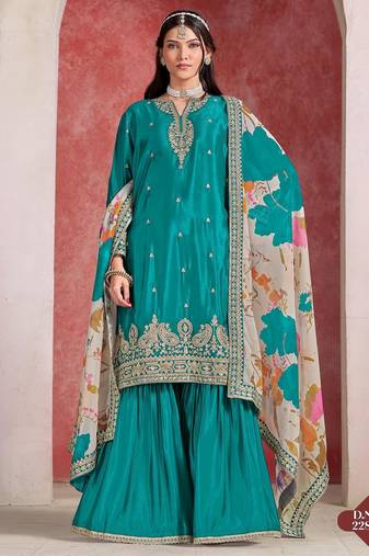 Turquoise embroidered chinon silk free size stitched sharara suit