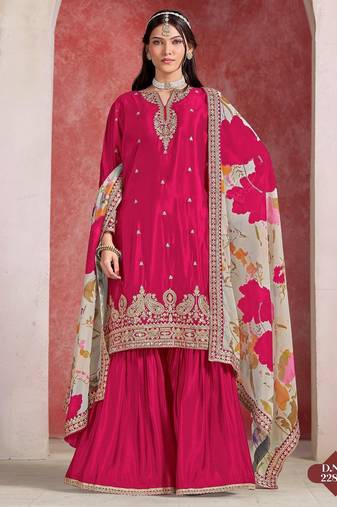 Dark magenta embroidered chinon silk free size stitched sharara suit