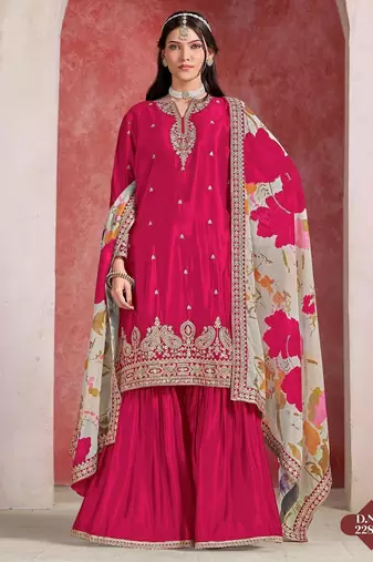 Dark magenta embroidered chinon silk free size stitched sharara suit
