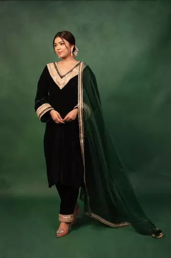 Bottle Green Velvet Gotta Work Kurta and Pant with Dupatta Wedding Wear Dress