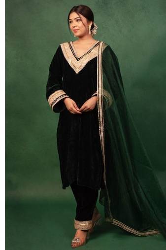 Bottle Green Velvet Gotta Work Kurta and Pant with Dupatta Wedding Wear Dress