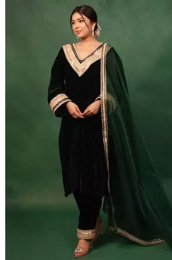 Bottle Green Velvet Gotta Work Kurta and Pant with Dupatta Wedding Wear Dress