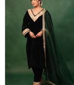 Bottle Green Velvet Gotta Work Kurta and Pant with Dupatta Wedding Wear Dress