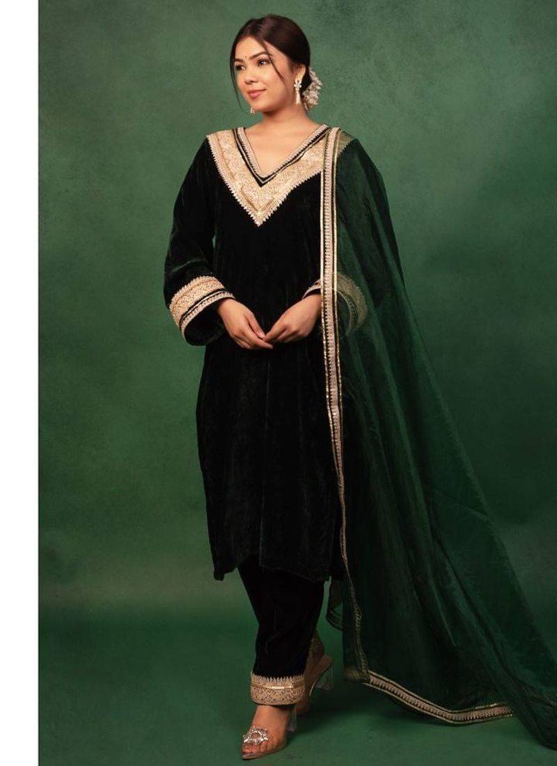 Bottle Green Velvet Gotta Work Kurta and Pant with Dupatta Wedding Wear Dress