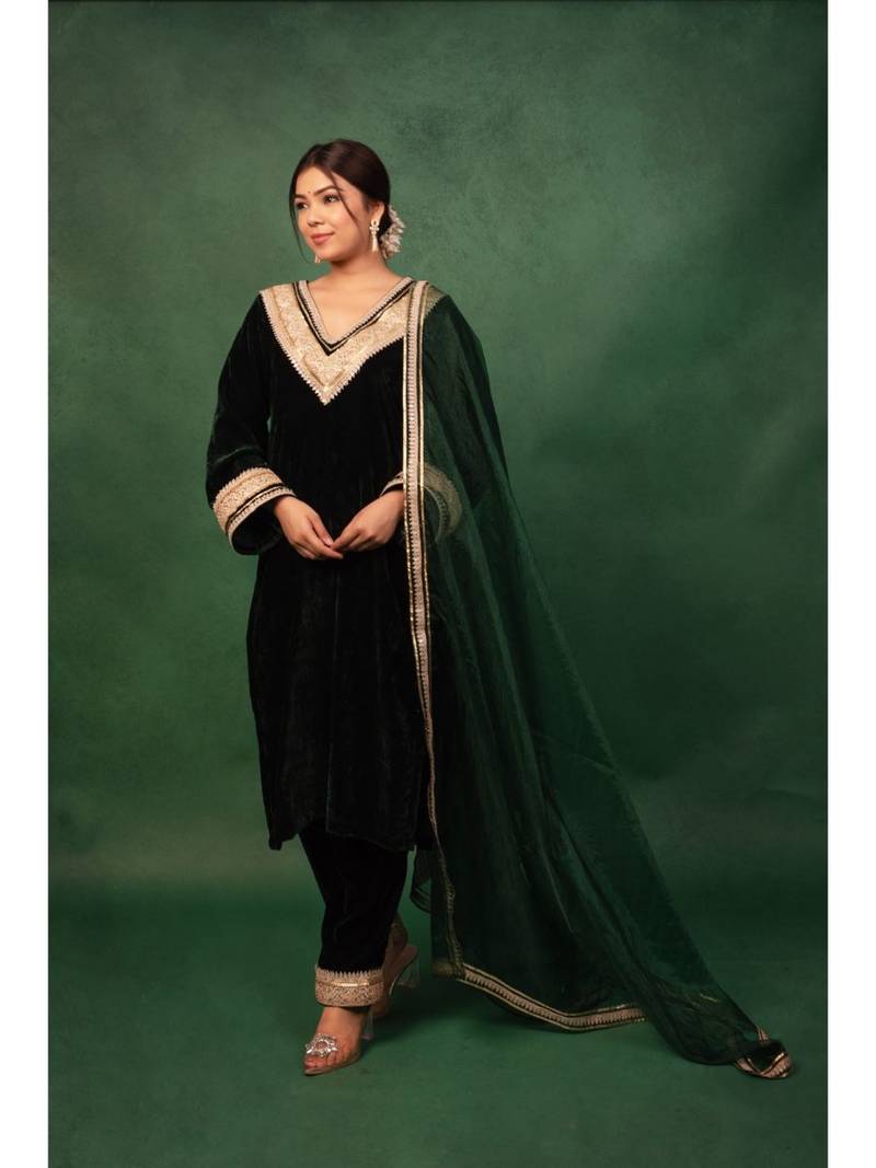 Bottle Green Velvet Gotta Work Kurta and Pant with Dupatta Wedding Wear Dress