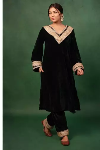 Bottle Green Velvet Gotta Work Kurta and Pant with Dupatta Wedding Wear Dress