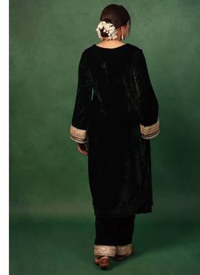 Bottle Green Velvet Gotta Work Kurta and Pant with Dupatta Wedding Wear Dress 3