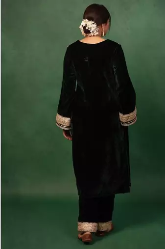 Bottle Green Velvet Gotta Work Kurta and Pant with Dupatta Wedding Wear Dress