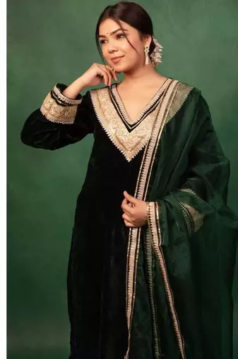 Bottle Green Velvet Gotta Work Kurta and Pant with Dupatta Wedding Wear Dress