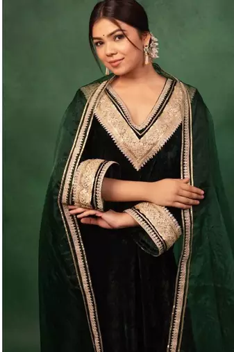 Bottle Green Velvet Gotta Work Kurta and Pant with Dupatta Wedding Wear Dress