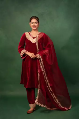 Red Color Velvet Heavy Suit Set Gotta Work Suit Set With Dupatta Wedding Wear Dress