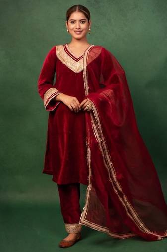 Red Color Velvet Heavy Suit Set Gotta Work Suit Set With Dupatta Wedding Wear Dress