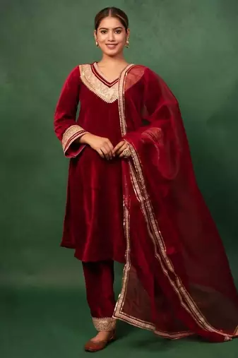 Red Color Velvet Heavy Suit Set Gotta Work Suit Set With Dupatta Wedding Wear Dress