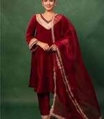 Red embroidered Velvet Heavy Suit Set Gotta Work Suit Set With Dupatta Wedding Wear Dress