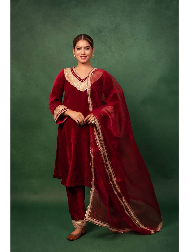 Red Color Velvet Heavy Suit Set Gotta Work Suit Set With Dupatta Wedding Wear Dress