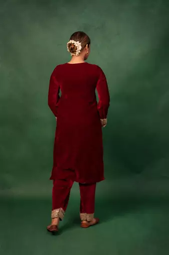 Red embroidered Velvet Heavy Suit Set Gotta Work Suit Set With Dupatta Wedding Wear Dress