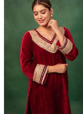 Red embroidered Velvet Heavy Suit Set Gotta Work Suit Set With Dupatta Wedding Wear Dress 3