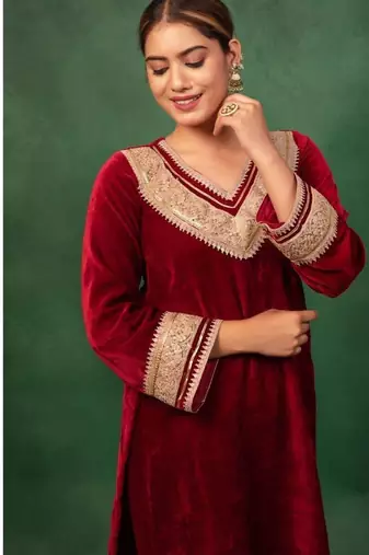 Red embroidered Velvet Heavy Suit Set Gotta Work Suit Set With Dupatta Wedding Wear Dress