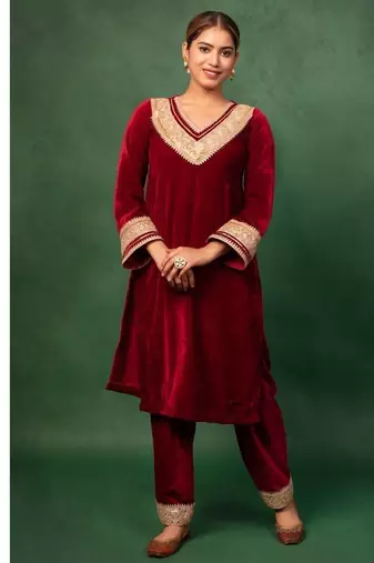 Red embroidered Velvet Heavy Suit Set Gotta Work Suit Set With Dupatta Wedding Wear Dress