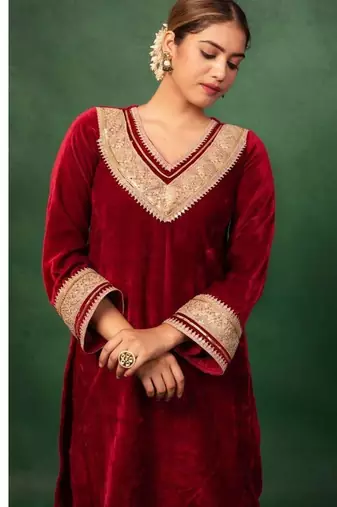 Red embroidered Velvet Heavy Suit Set Gotta Work Suit Set With Dupatta Wedding Wear Dress