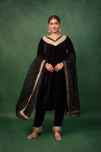 Black Velvet Gotta Work Kurta and Pant with Dupatta Wedding Wear Suit Set Designer Suit Set
