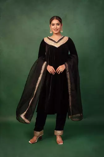 Black Velvet Gotta Work Kurta and Pant with Dupatta Wedding Wear Suit Set Designer Suit Set