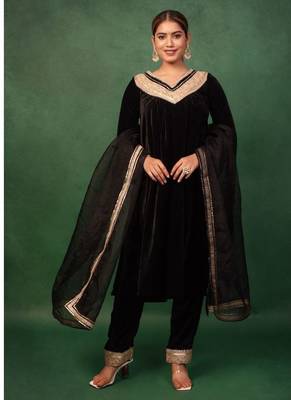 Black Velvet Gotta Work Kurta and Pant with Dupatta Wedding Wear Suit Set Designer Suit Set 1
