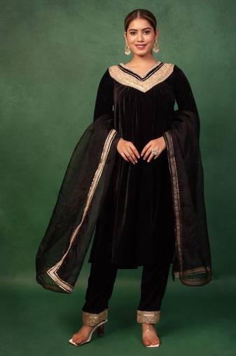 Black Velvet Gotta Work Kurta and Pant with Dupatta Wedding Wear Suit Set Designer Suit Set